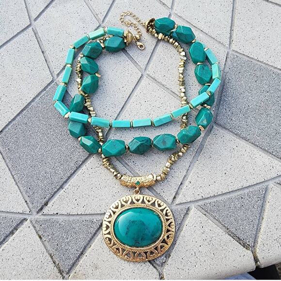 Vintage Jewelry - Vintage Triple Contrast Strand Faux Turquoise Medallion Statement Necklace